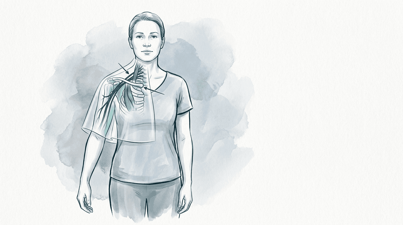 Illustrazione editoriale: sindrome dello stretto toracico superiore con prevalente compressione neurogena