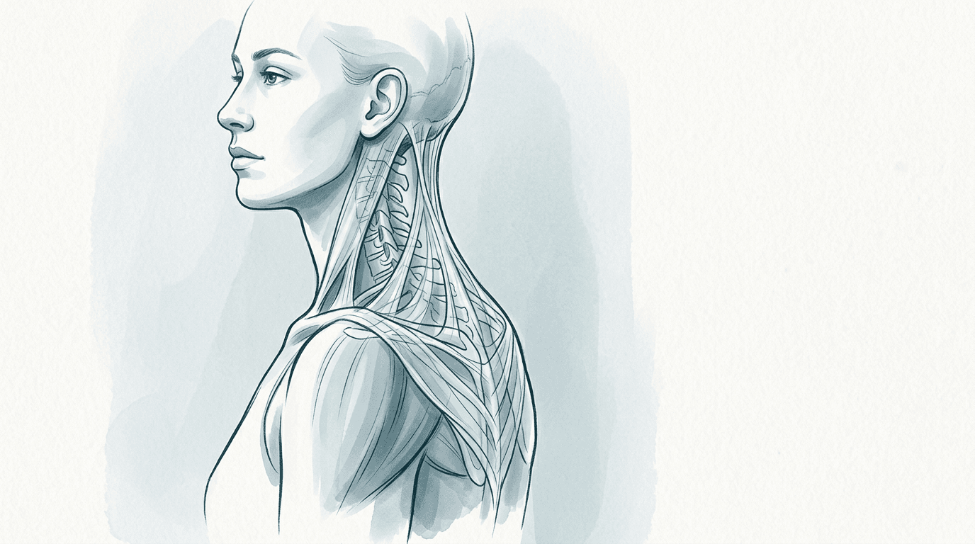 Illustrazione editoriale: disfunzioni fasciali del collo con retrazione multilivello