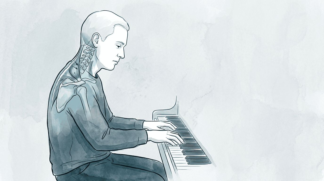 Illustrazione editoriale: disfunzione cervicale asimmetrica nel musicista, pianista con cervicalgia sinistra