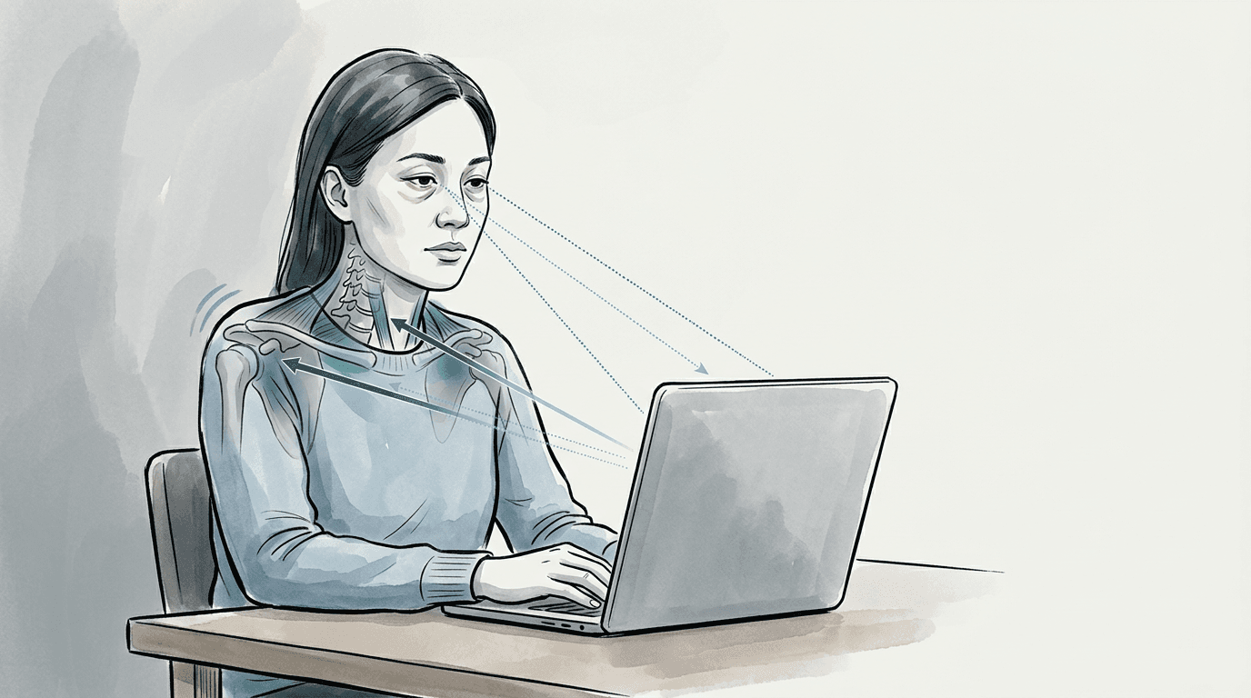 Illustrazione editoriale: dolore cervico-scapolare con respiro alto e affaticamento visivo