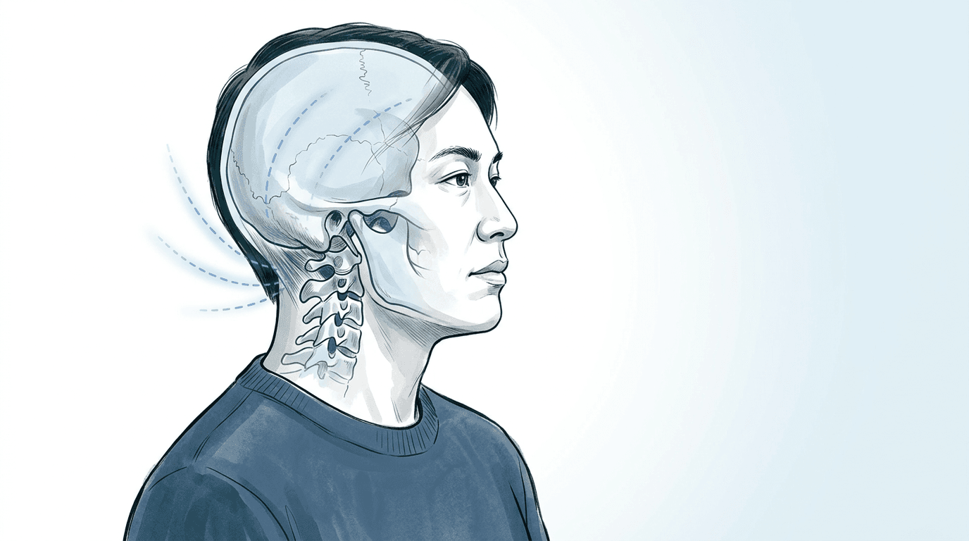 Illustrazione editoriale: disfunzione complesso C0–C1 con cefalea cervicogenica e regione suboccipitale