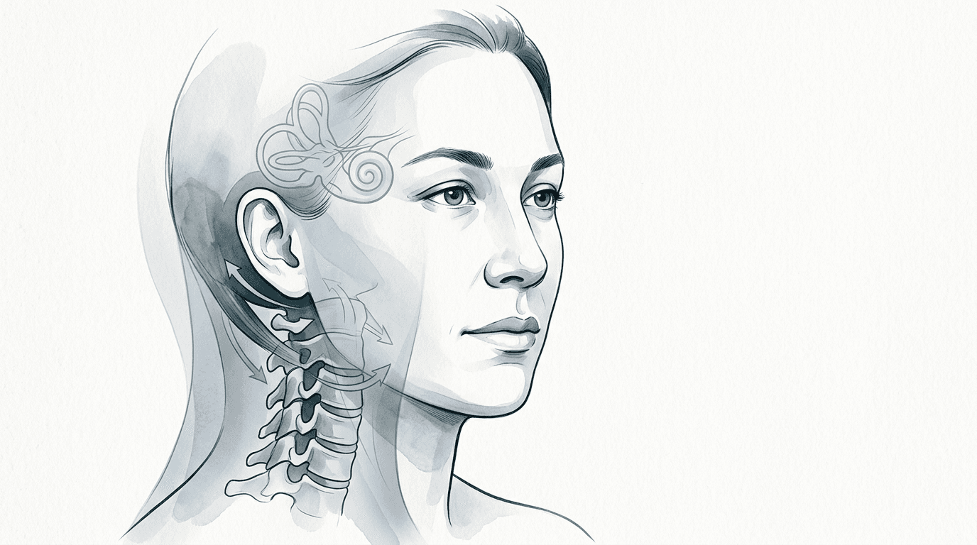 Illustrazione editoriale: restrizioni cervicali alte e vertigine cervicogenica, complesso C0–C2 e integrazione