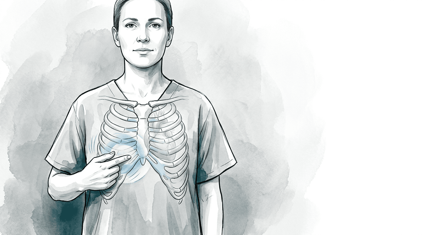 Illustrazione editoriale: dolore toracico non cardiaco, giunzione condro-sternale sinistra terza e quarta costa