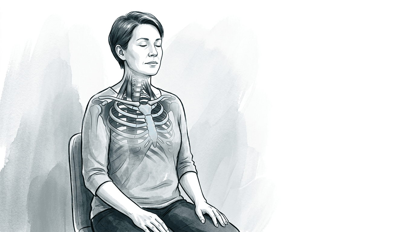 Illustrazione editoriale: pattern respiratorio disfunzionale, torace alto rigido, coste 1–2 e costo-cervicale