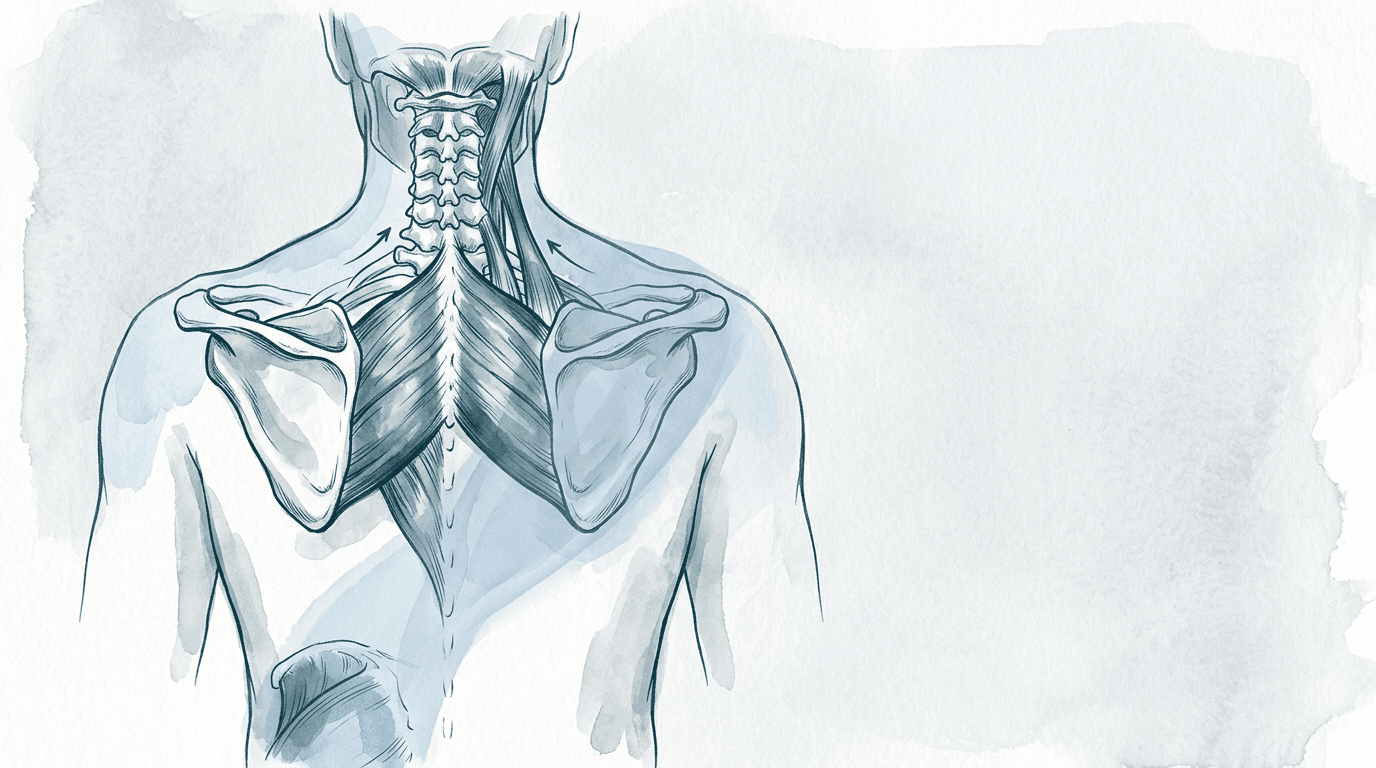 Illustrazione editoriale: dolore scapolare e tensioni cervicali con catena crociata e pattern respiratorio alto