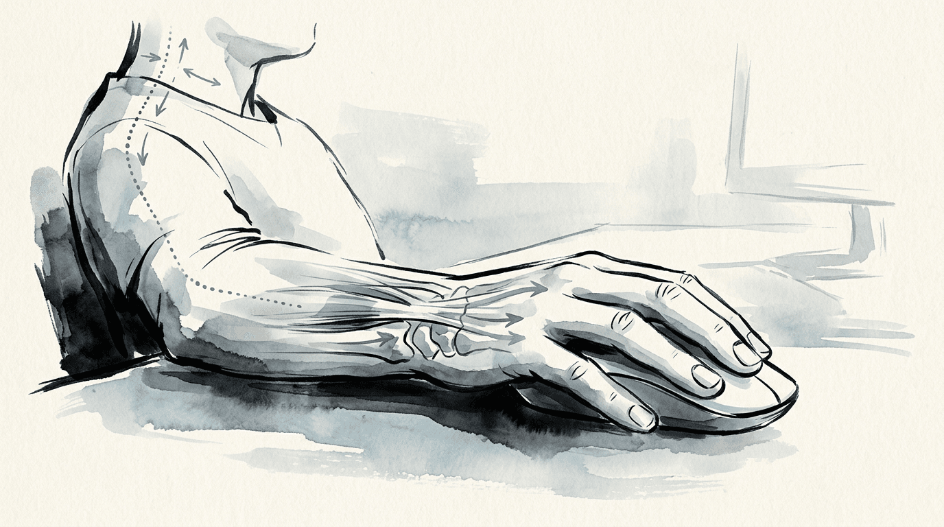 Illustrazione editoriale: dolore al polso da utilizzo prolungato del mouse con disfunzione carpale e compensi cervico-scapolari