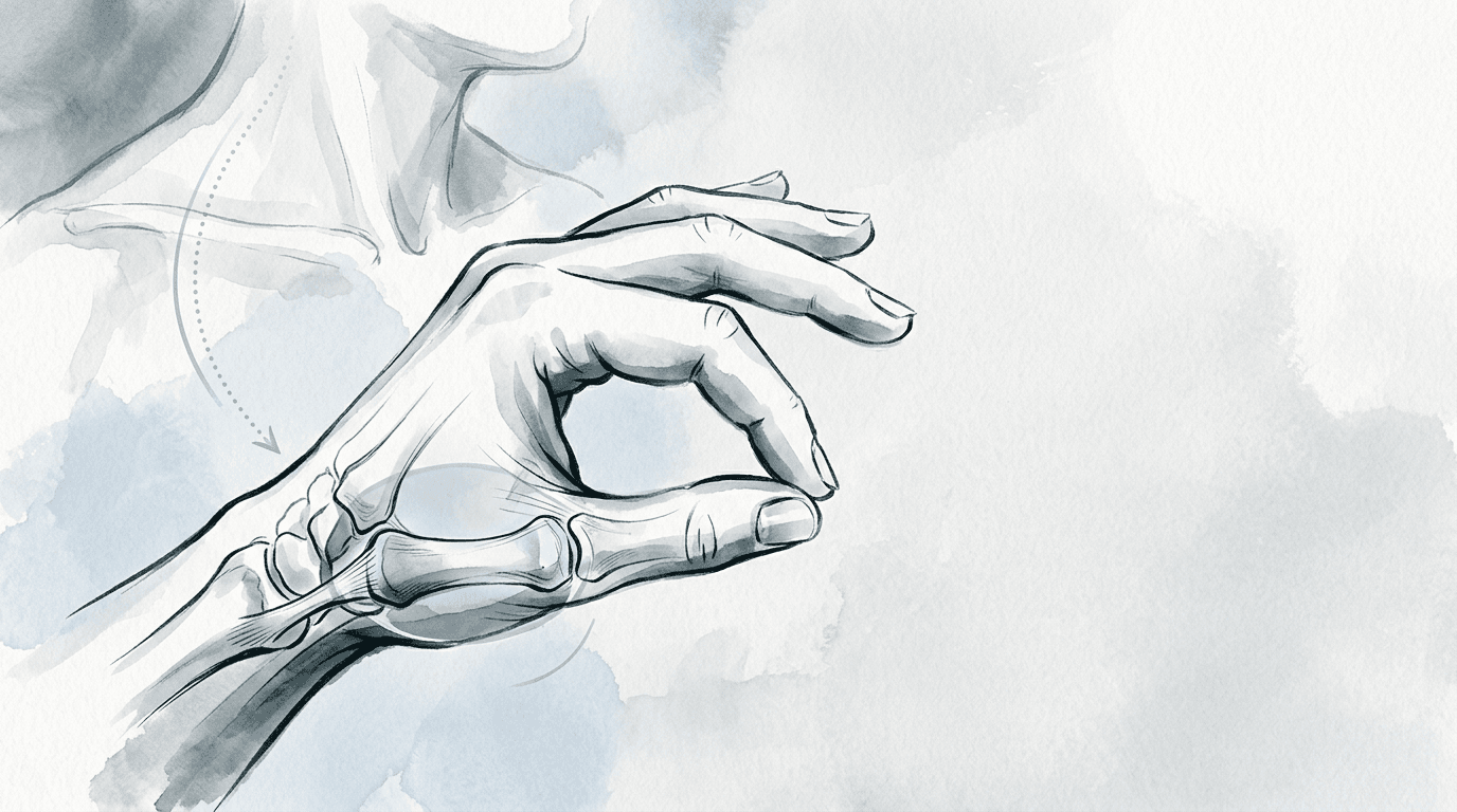 Illustrazione editoriale: dolore alla base del pollice da rizoartrosi iniziale con colonna del pollice e compensi cervico-scapolari