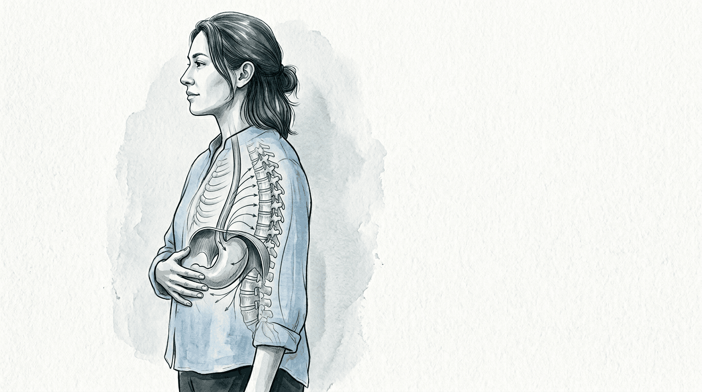 Illustrazione editoriale: reflusso gastroesofageo funzionale con rigidità toraco-diaframmatica e facilitazione T5-T9