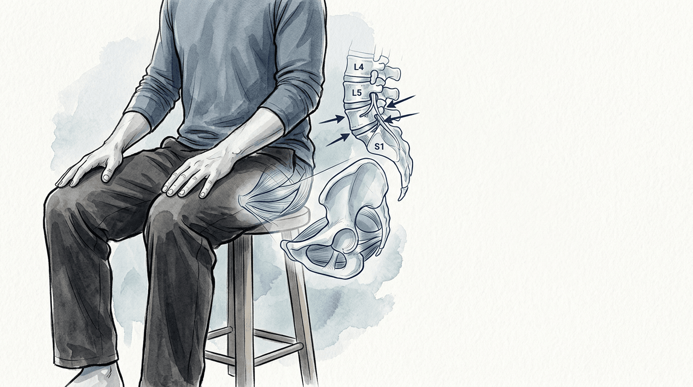 Illustrazione editoriale: dolore pelvico cronico maschile con ipertono del pavimento pelvico e facilitazione lombo-sacrale