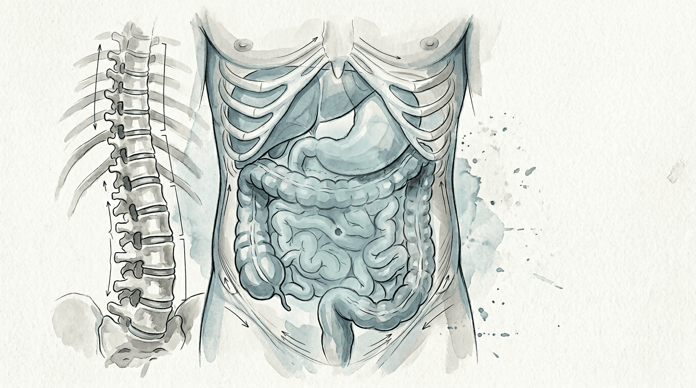 Illustrazione editoriale: dolore addominale funzionale diffuso con ipersensibilità viscerale e facilitazione multilivello T8-L1