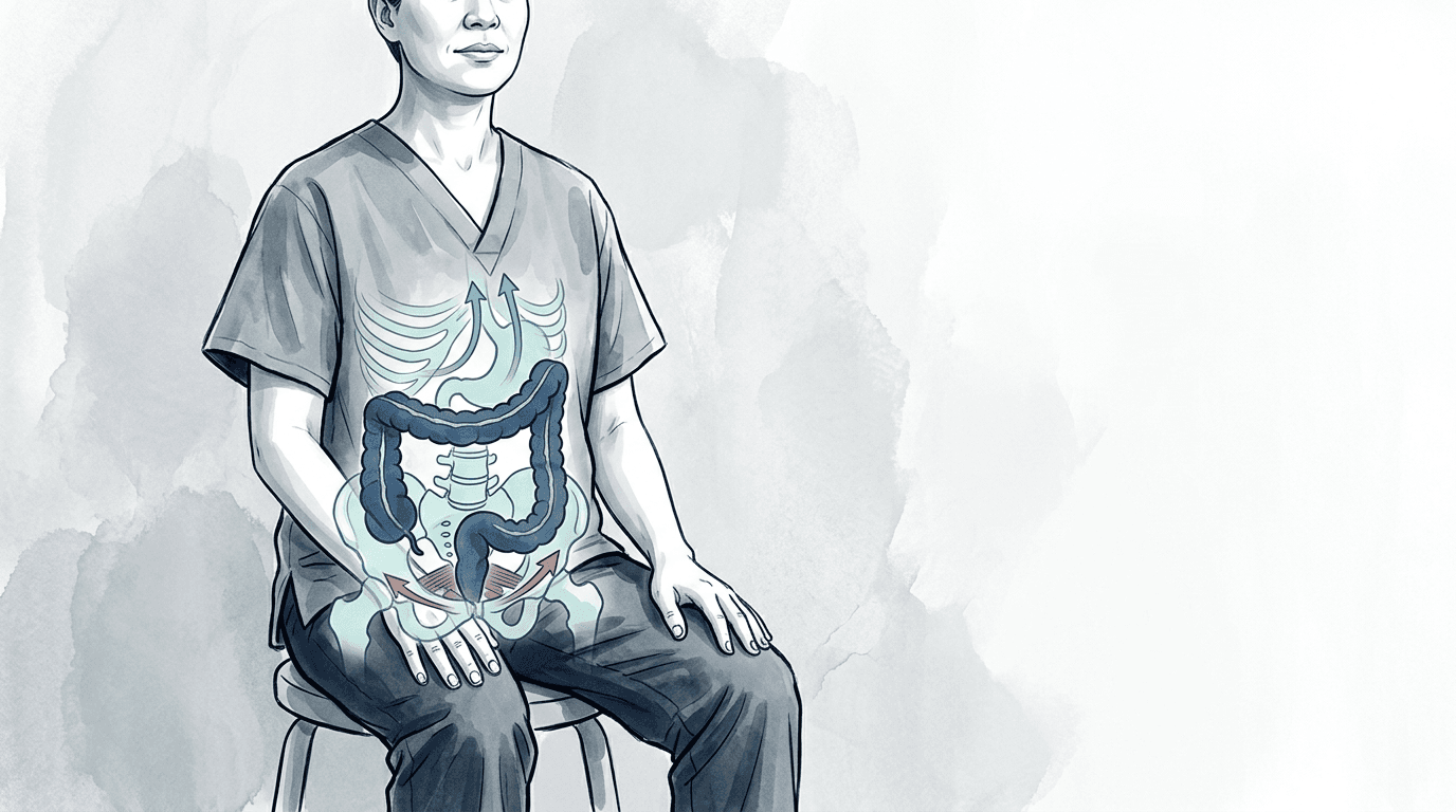 Illustrazione editoriale: intestino irritabile a prevalenza di stipsi con adattamento lombo-pelvico e dissinergia pressoria