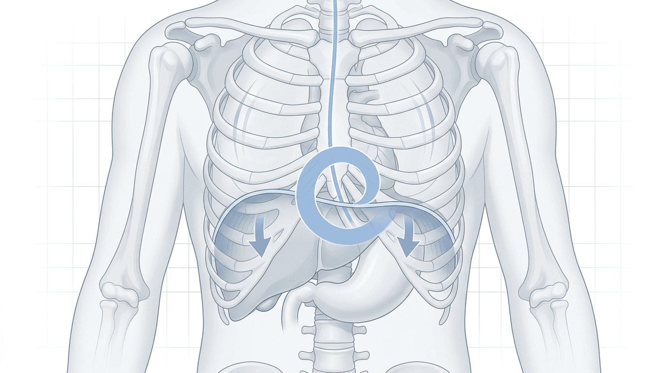 Illustrazione editoriale: GERD con piccola ernia iatale e rigidità diaframmatica bilaterale con pattern respiratorio restrittivo