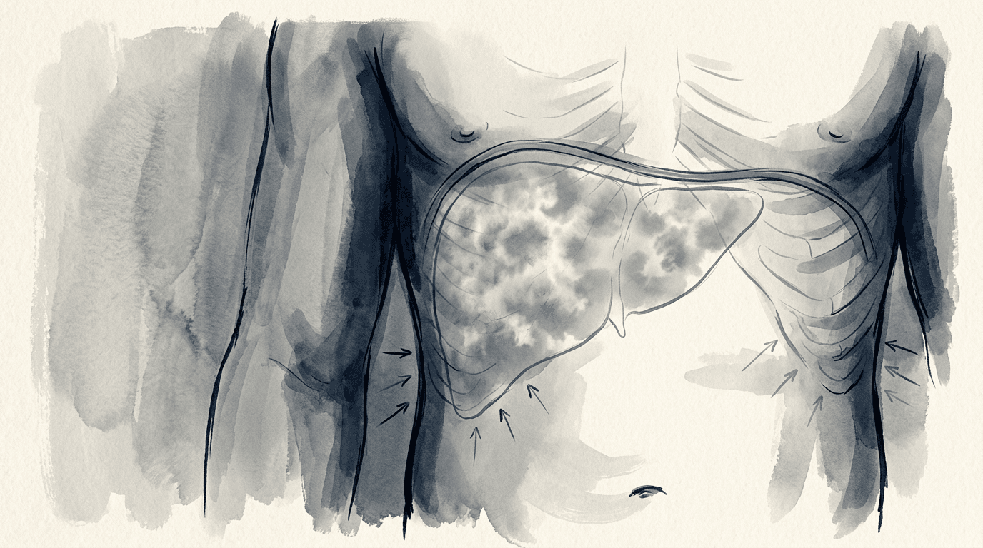 Illustrazione editoriale: steatosi epatica non alcolica con rigidità del quadrante destro e pattern respiratorio restrittivo destro