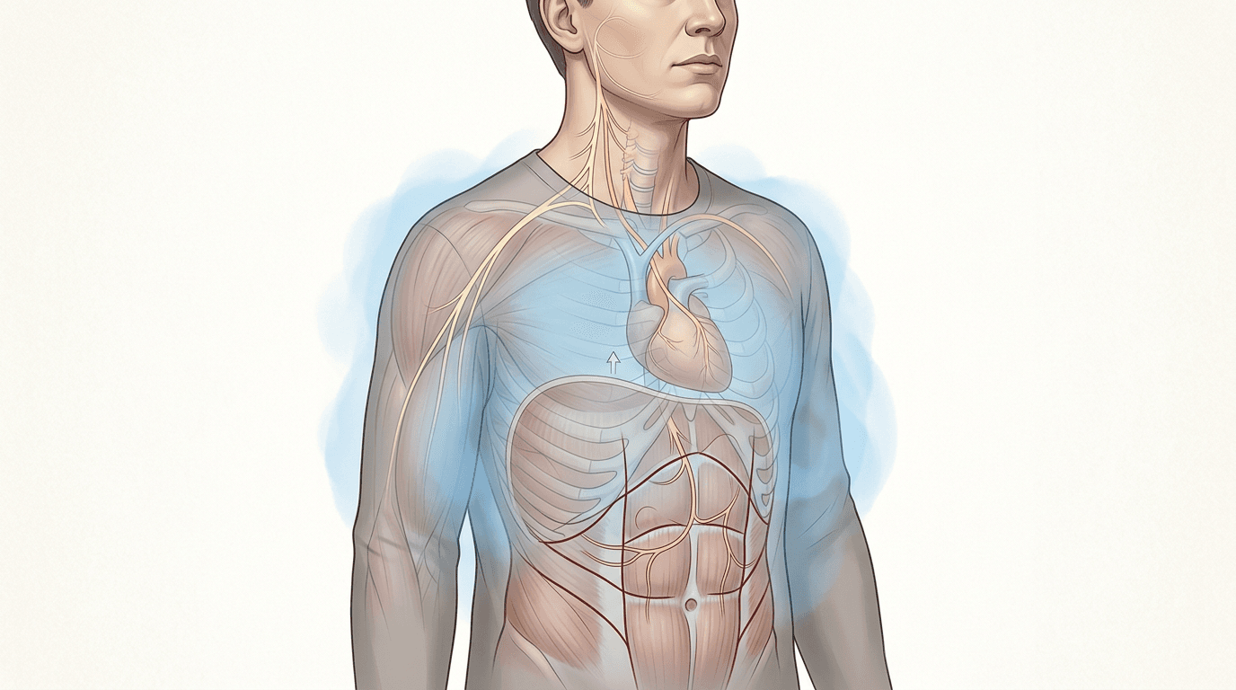Illustrazione editoriale: dolore addominale funzionale con ansia generalizzata e ipervigilanza toraco-addominale