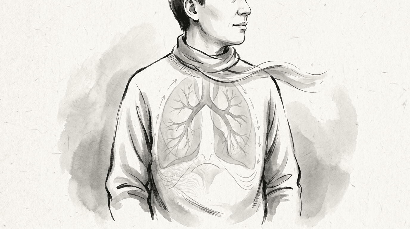 Illustrazione editoriale: asma controllata con rigidità toracica residua e pattern respiratorio disfunzionale persistente