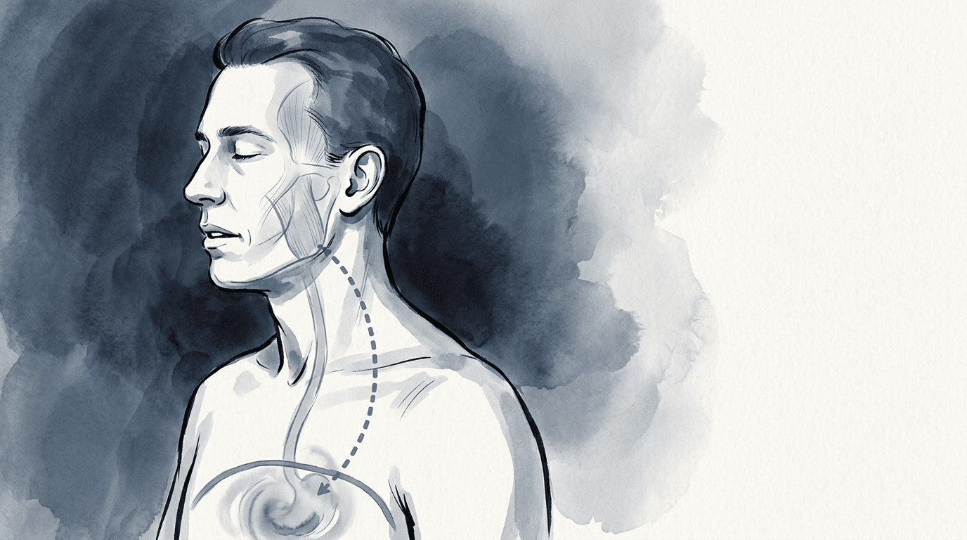 Illustrazione editoriale: dispepsia con bruxismo notturno e tensione della catena cervico-mandibolo-diaframmatica