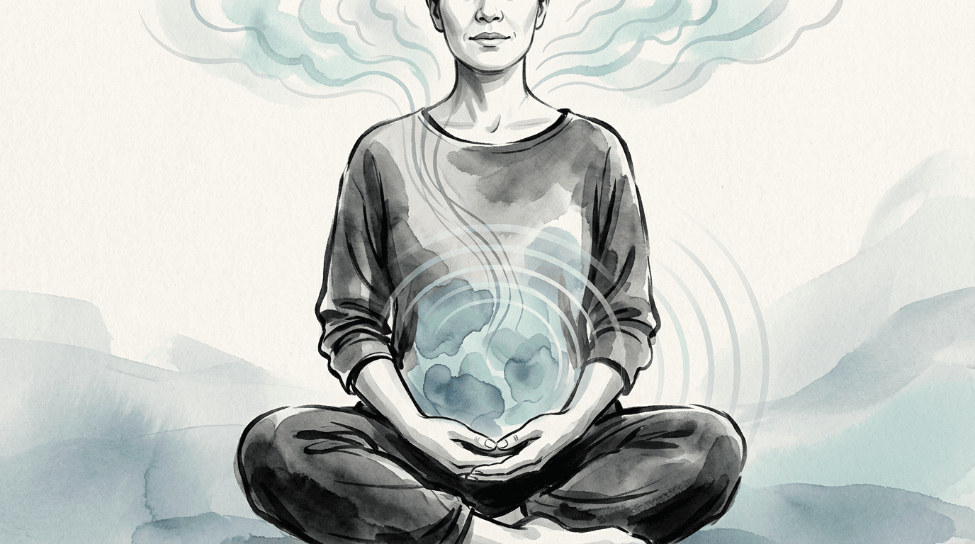 Illustrazione editoriale: dolore addominale cronico con sensibilizzazione centrale e catastrofizzazione