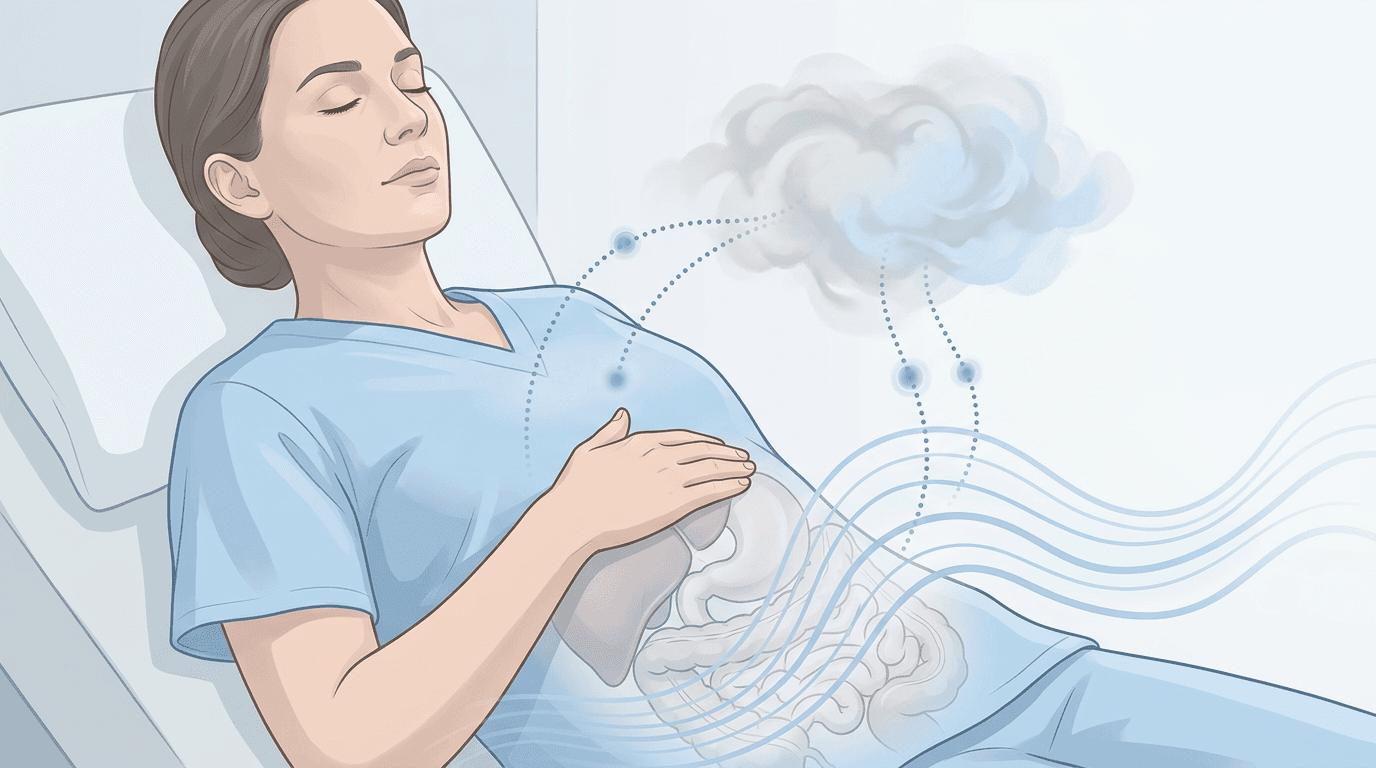 Illustrazione editoriale: dolore viscerale funzionale con componente emotiva e somatizzazione addominale