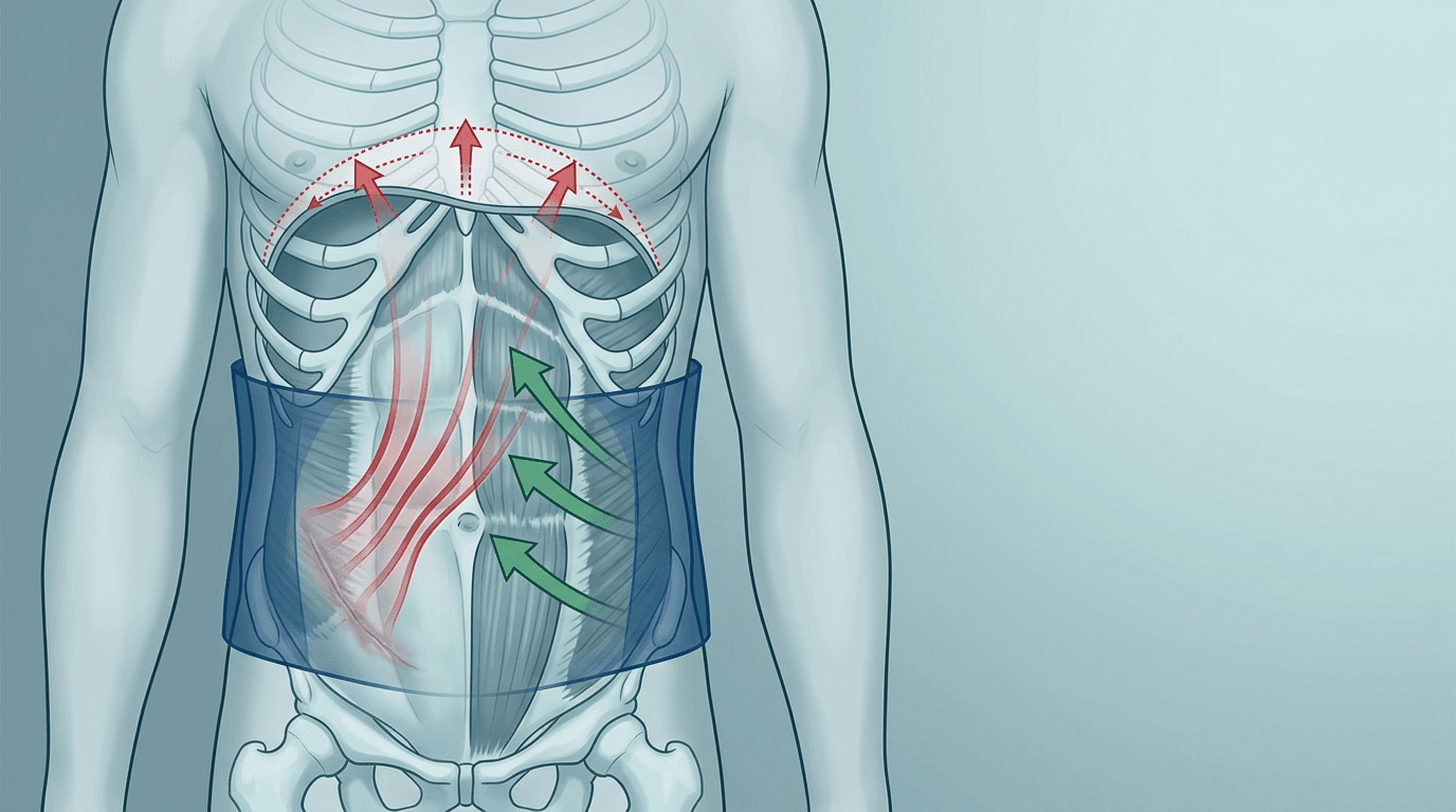 Illustrazione editoriale: sequele post-chirurgiche addominali con aderenze fasciali, disfunzione diaframmatica, lombalgia e stabilizzazione del tronco