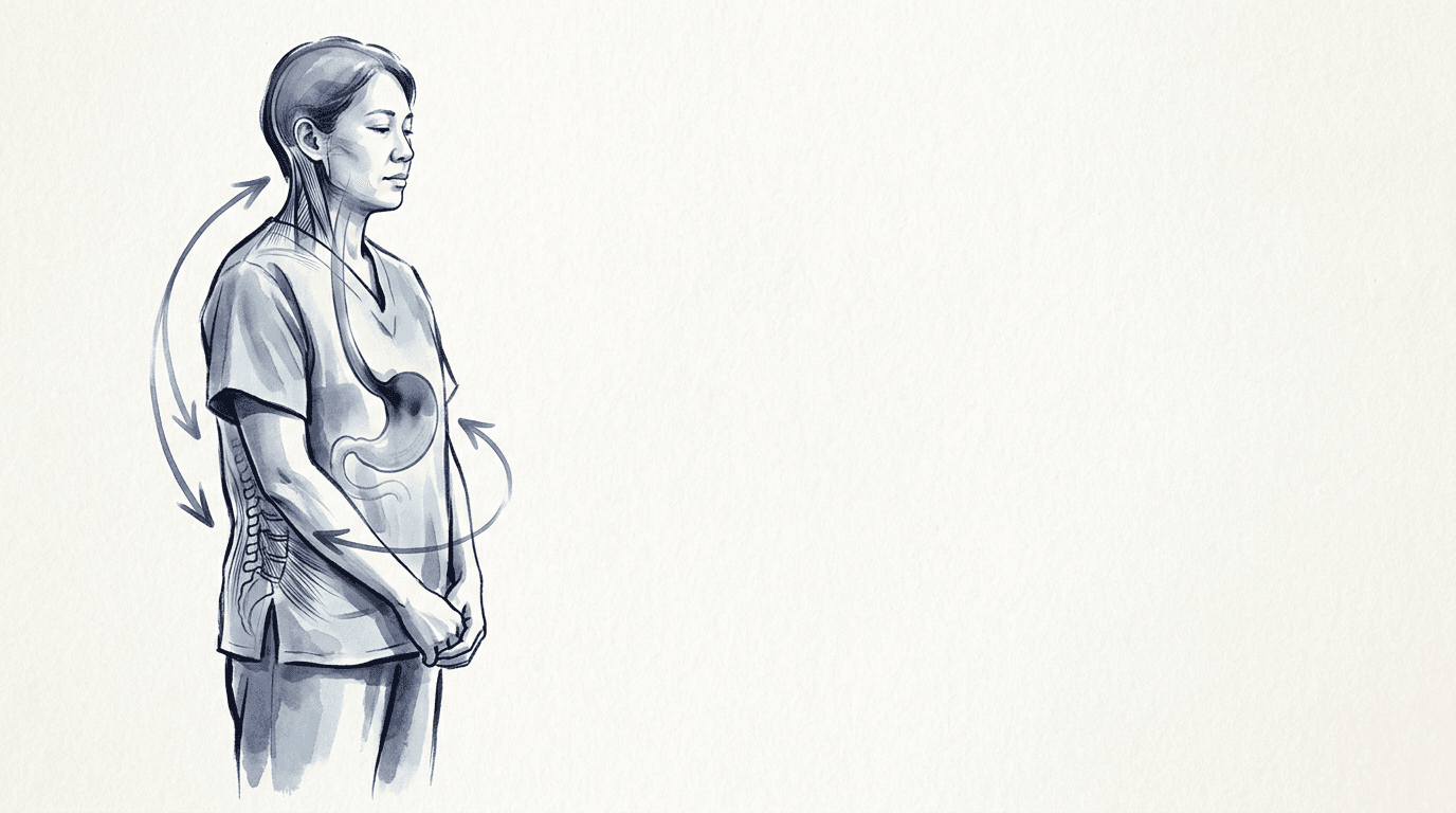 Illustrazione editoriale: quadro multi-sistemico con cefalea tensiva cronica, reflusso gastroesofageo e lombalgia ricorrente