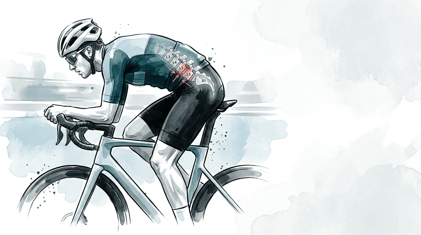 Illustrazione editoriale: sovraccarico lombare nel ciclista professionista