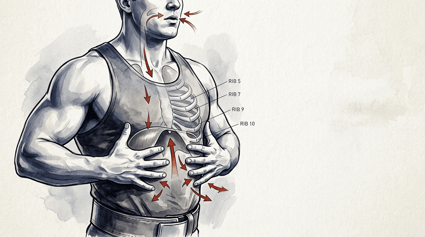 Illustrazione editoriale: disfunzione costale nel powerlifter in fase di Valsalva