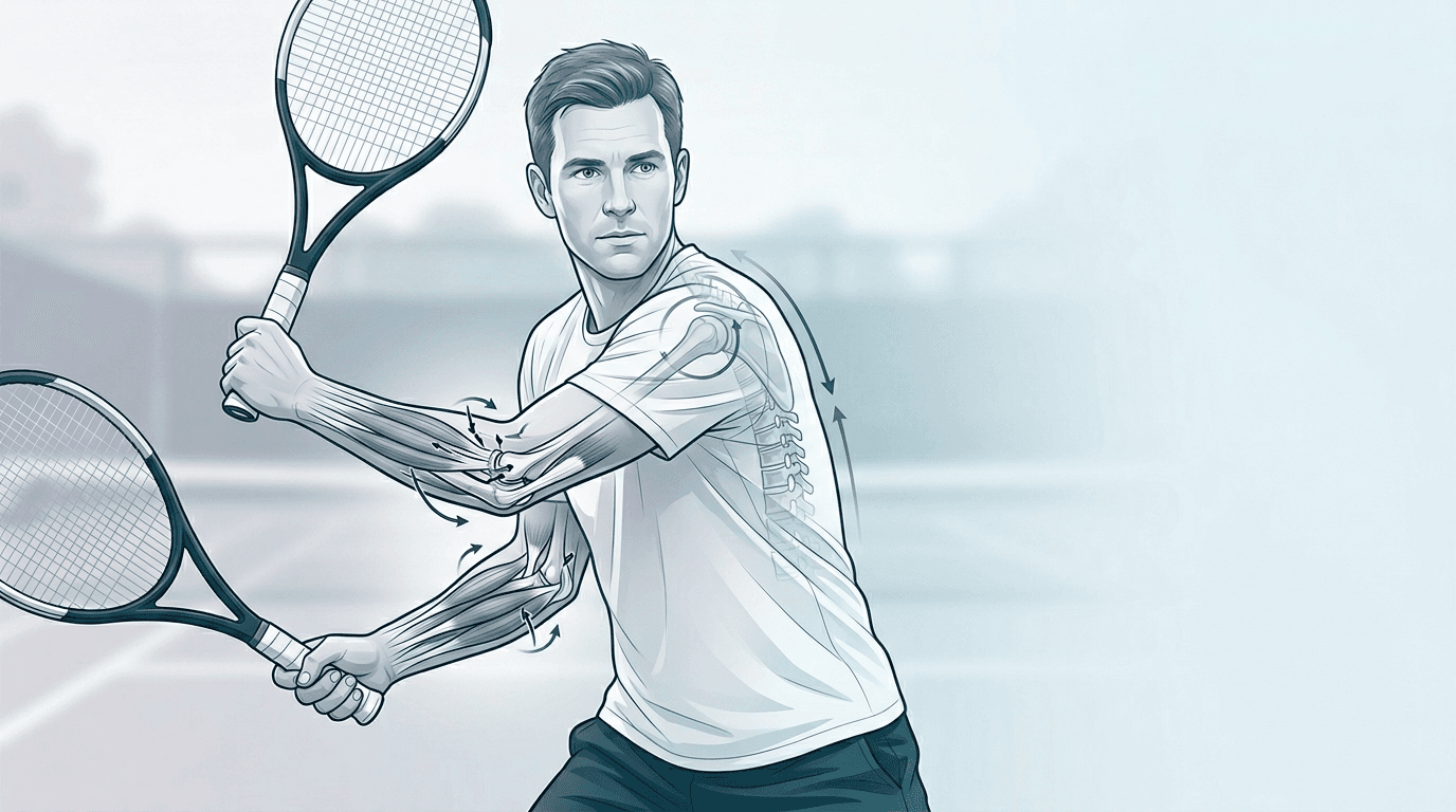 Illustrazione editoriale di un tennista con focus biomeccanico bilaterale sui gomiti